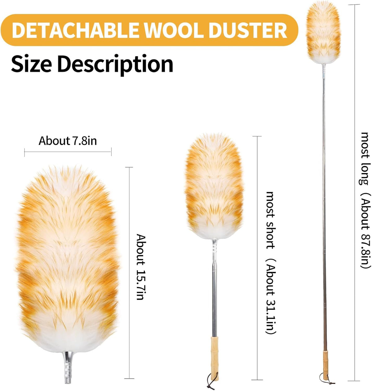 Feathers Duster,Long Telescoping Lambswool Dusters with Stainless Steel Extension Pole Up to 87.8"