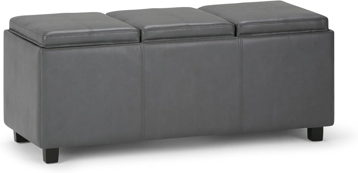 SIMPLIHOME Avalon 42 inch Wide Contemporary Rectangle Storage Ottoman in Stone Grey Vegan Faux