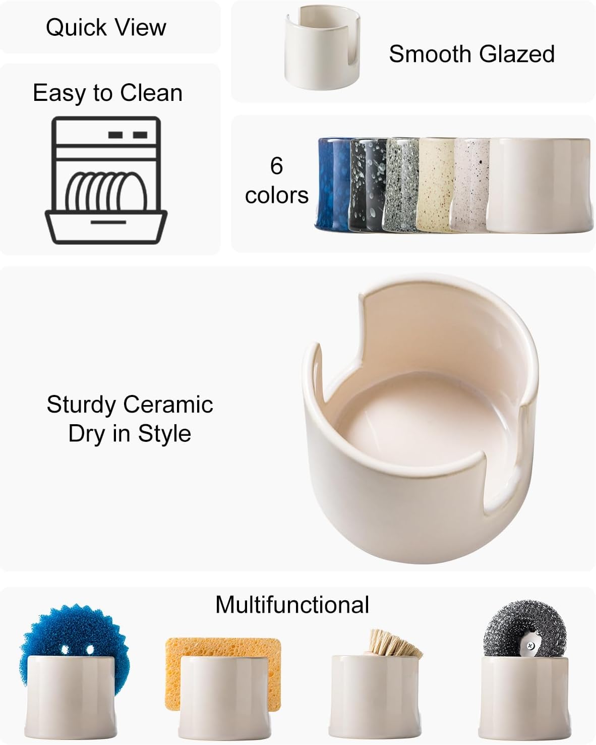 Sponge Holder for Kitchen Sink, Ceramic Dish Sponge Drying Caddy Scrubby Daddy Kitchen Organizer