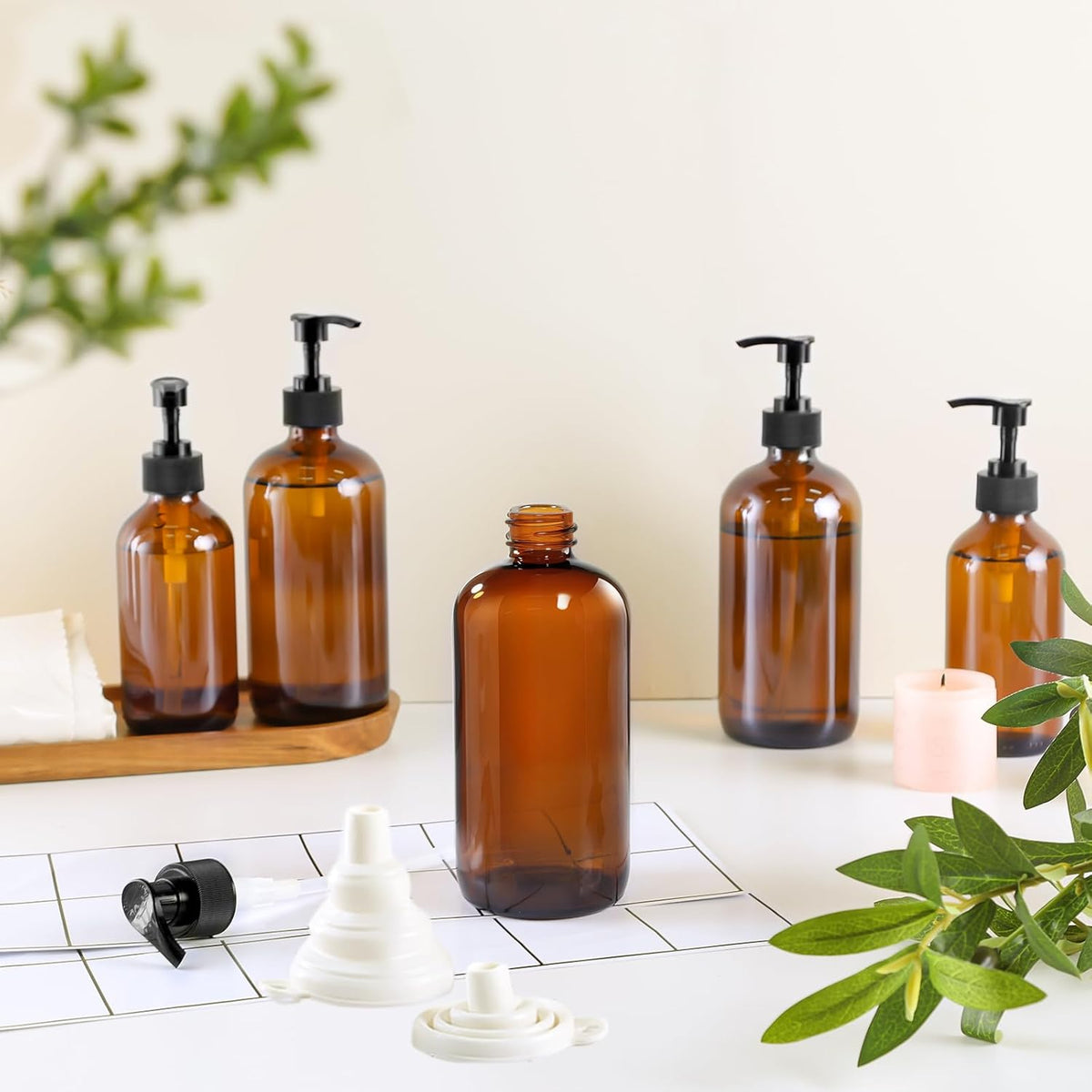 12 Pack Amber Glass Bottles 16oz with Pump Dispensers, Refillable Empty Pump Bottles for Bathroom