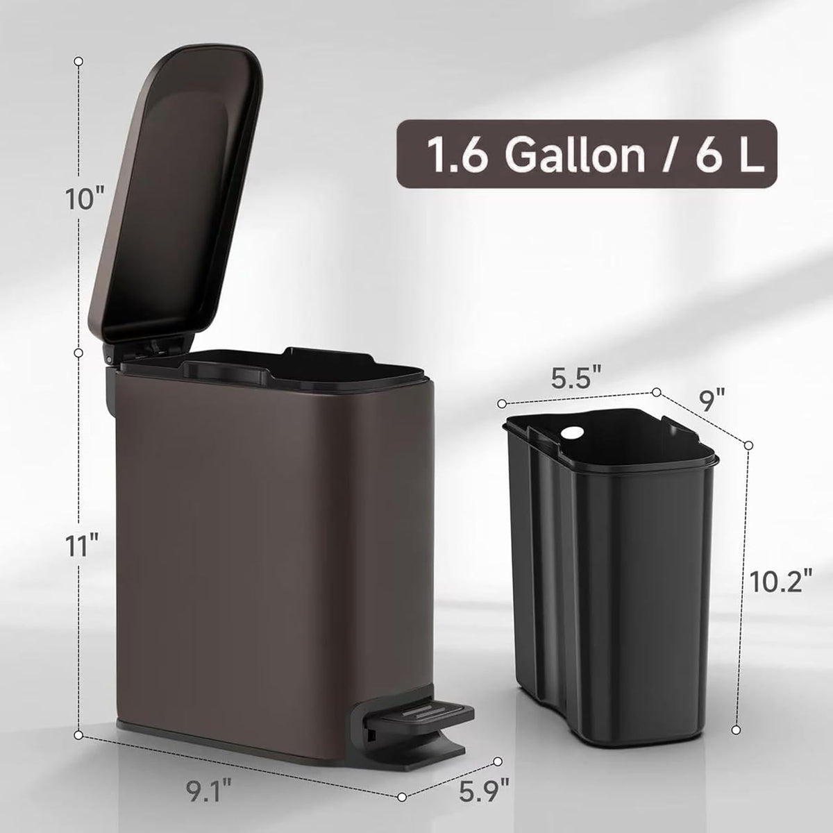 TIPGO Slim Bathroom Trash Can with Lid Soft Close, Step Pedal, 6 Liter / 1.6 Gallon Stainless Steel