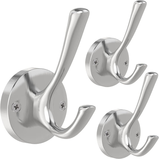 Brushed Nickel Robe Hooks Towel Hooks, 3 Pack Coat Hook Heavy Duty Mudroom Hook Double Bathrobe