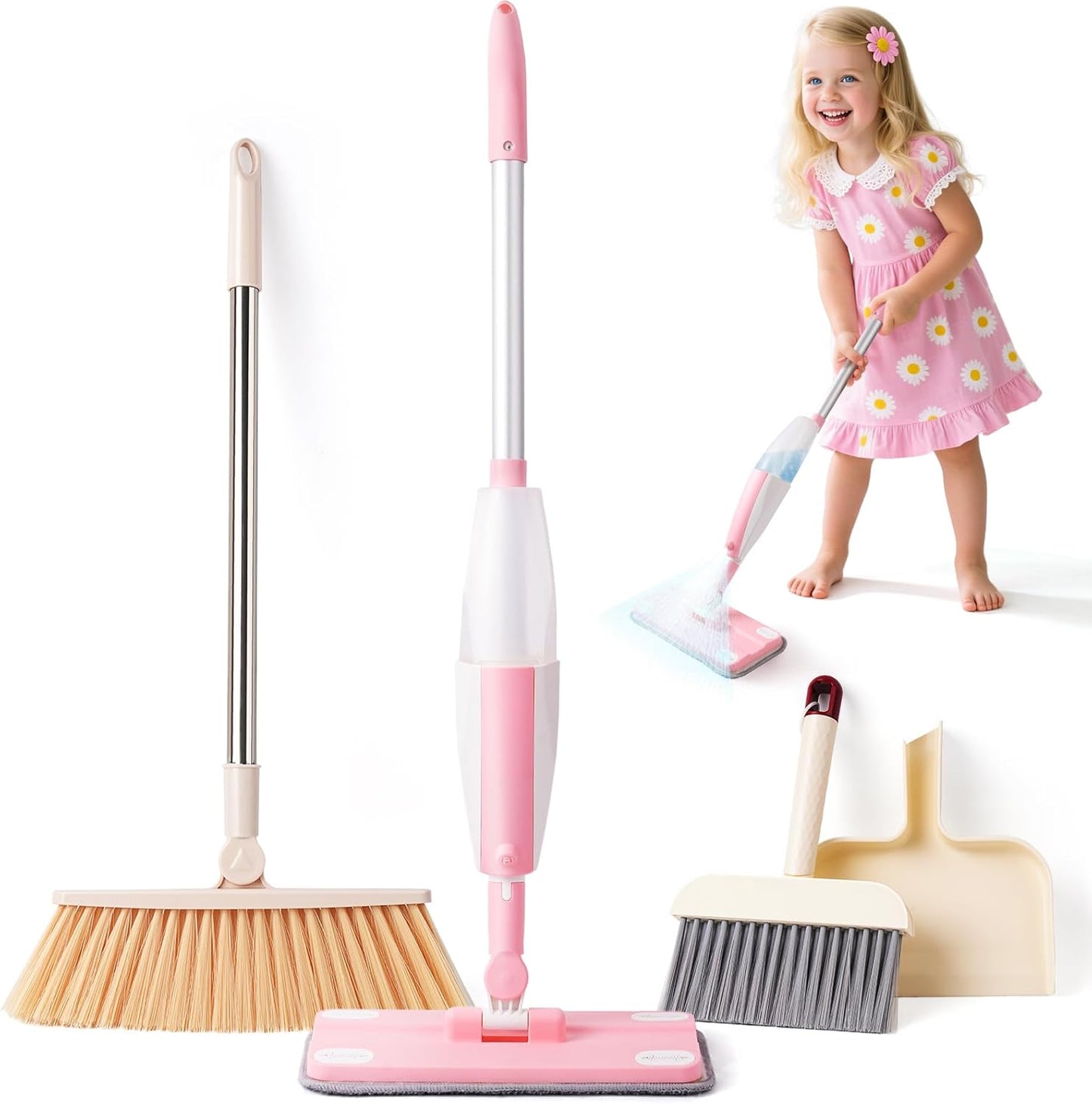 Kids Cleaning Toy Set,Pink Mini Spray Mop Montessori Toys Pretend Play Cleaning Tool for Toddlers