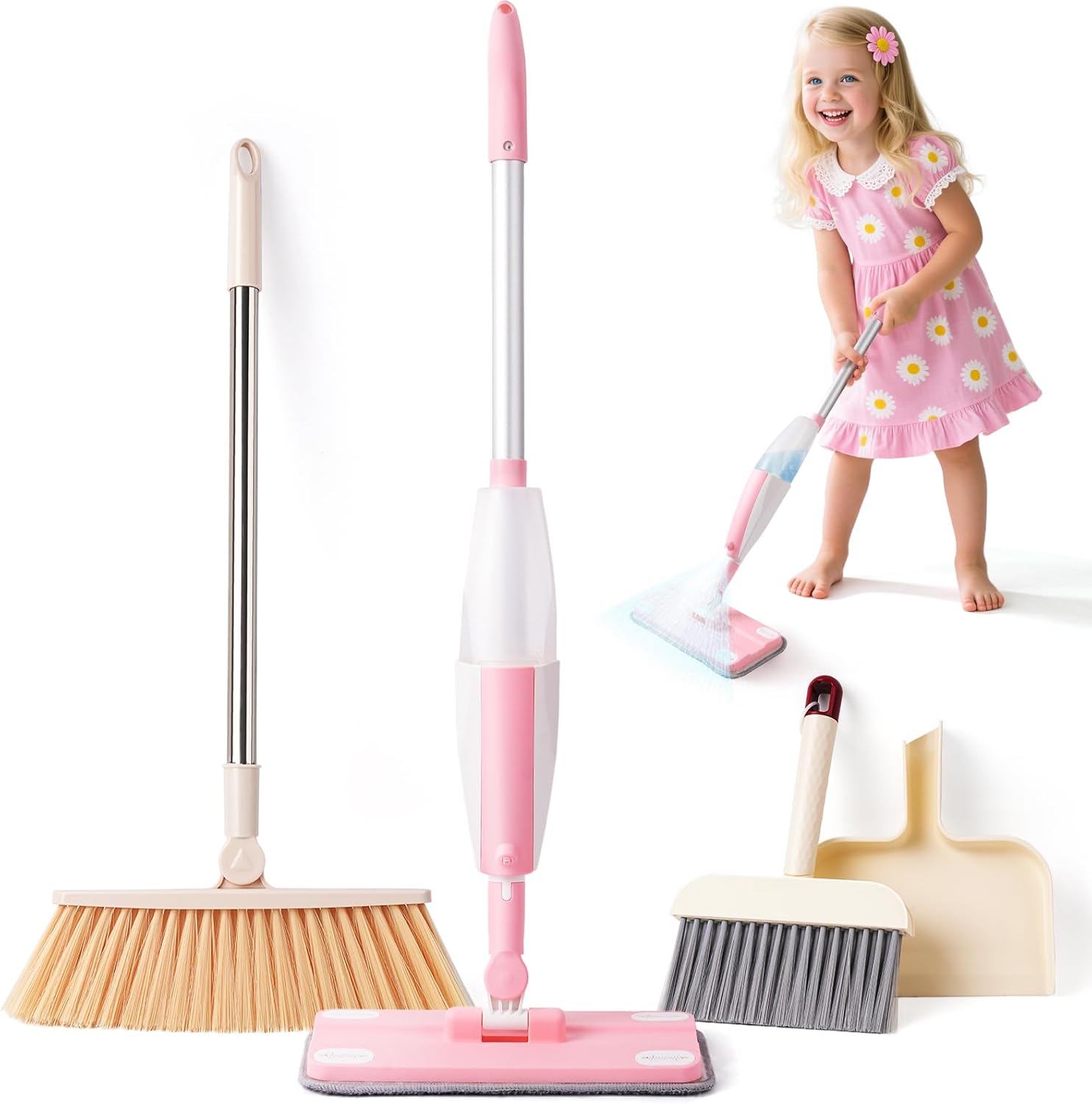 Kids Cleaning Toy Set,Pink Mini Spray Mop Montessori Toys Pretend Play Cleaning Tool for Toddlers