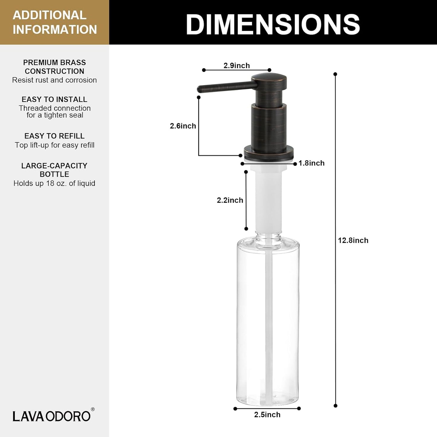 Lava Odoro Bronze Soap Dispenser for Kitchen Sink, Modern Brass Built in Countertop Pump Dispenser