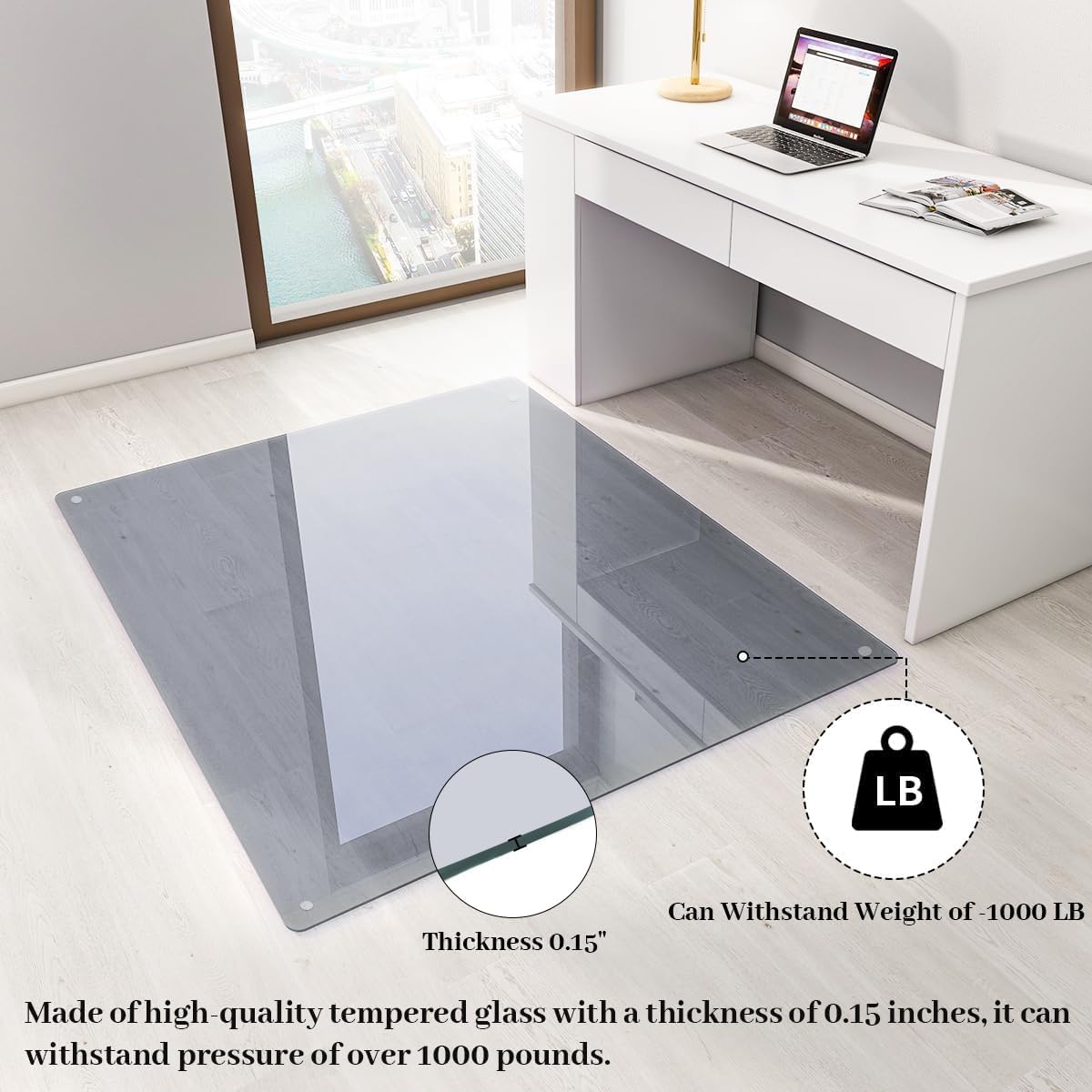 [Tempered Glass] 46" x 55" Glass Chair Mat, Heavy Duty Hard Tempered Glass Mat with Round Corner