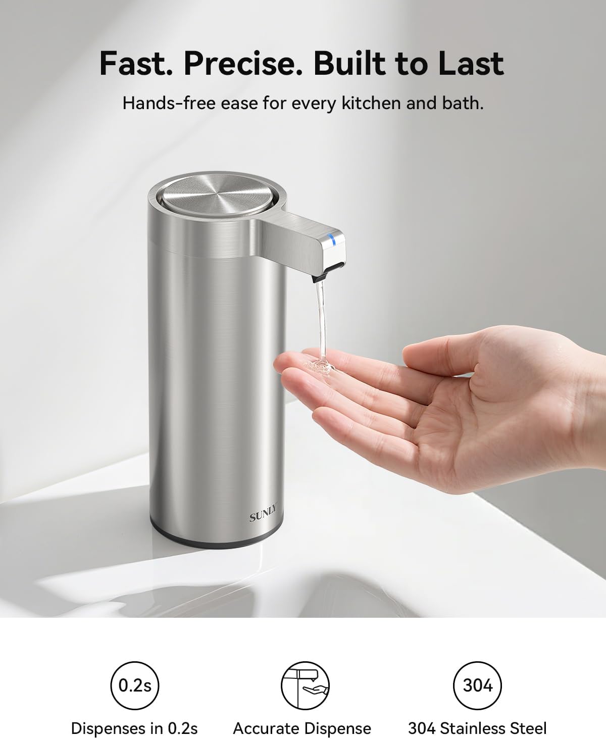 SUNLY Touchless Automatic Soap Dispenser – Clog-Free Pump, 0.2s Fast Sensor, USB-C Rechargeable