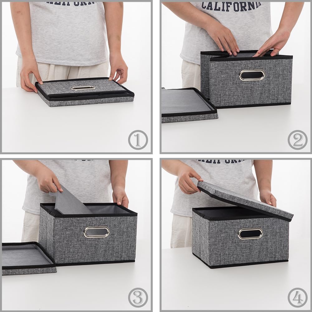 PRANDOM Storage Bins with Lids [3-Pack] Linen Fabric Foldable Storage Boxes Organizer Containers