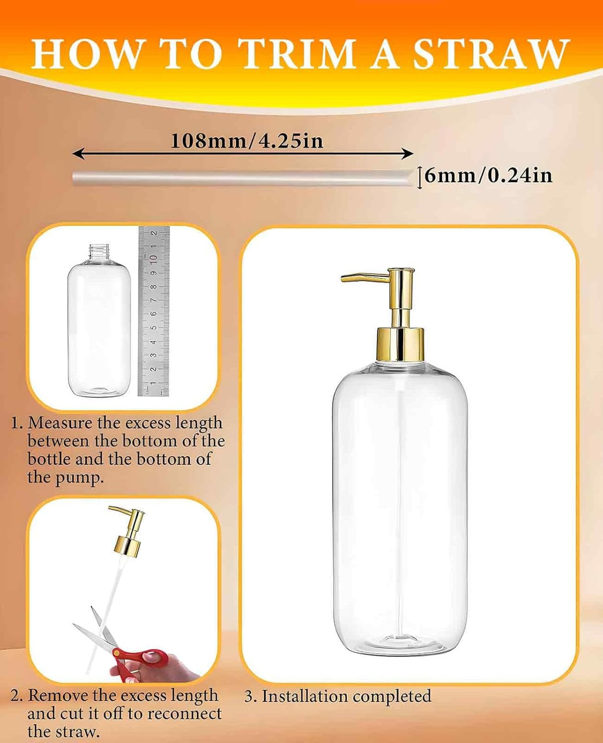 6 Pack Gold Soap Dispenser Pump, Top Replacement for Lotion & Regular Glass Bottles (Standard