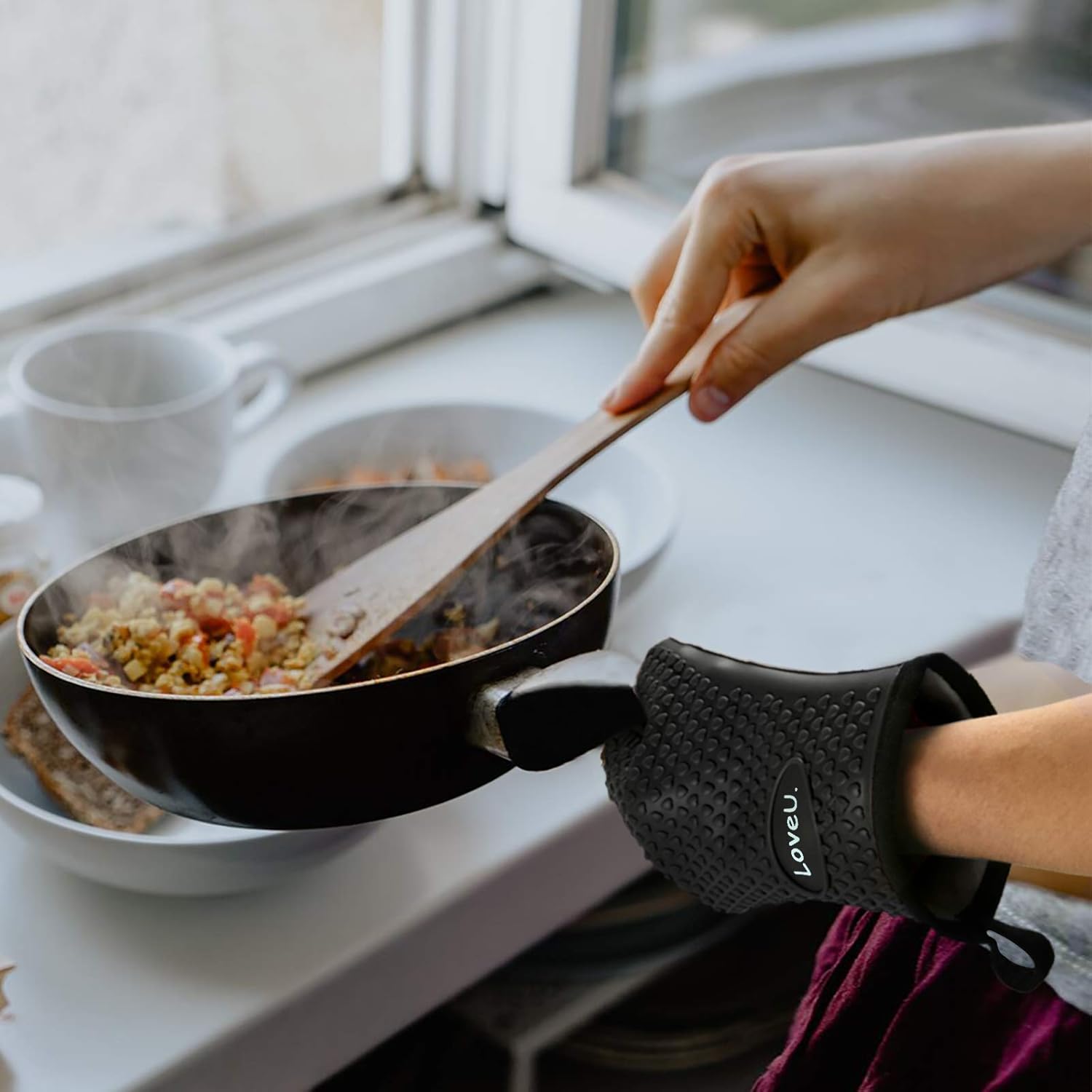 Kitchen Oven Gloves - Dual-Layer Heat Resistant Grilling Gloves, Silicone Oven Mitts with 5