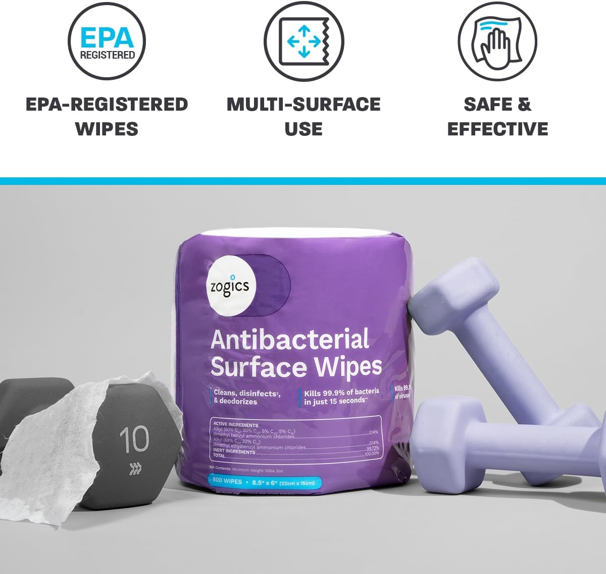 Zogics Antibacterial Wipes – Disinfecting Wipes for Sanitizing and Cleaning Surfaces and Equipment
