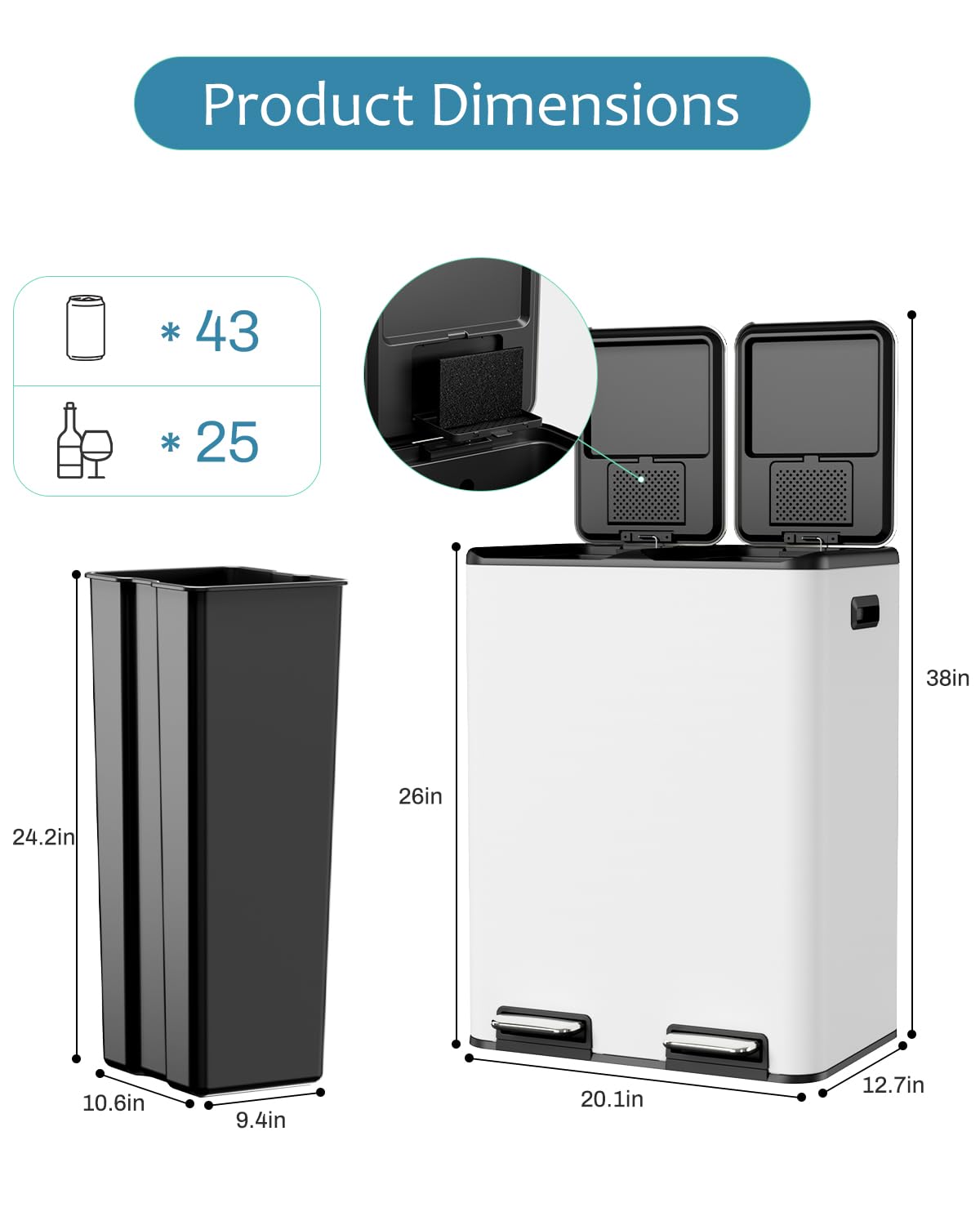 16 Gal (2 x 30 L) Dual Trash Can, Stainless Steel Kitchen Garbage Bin, Recycle Dustbin with Odor