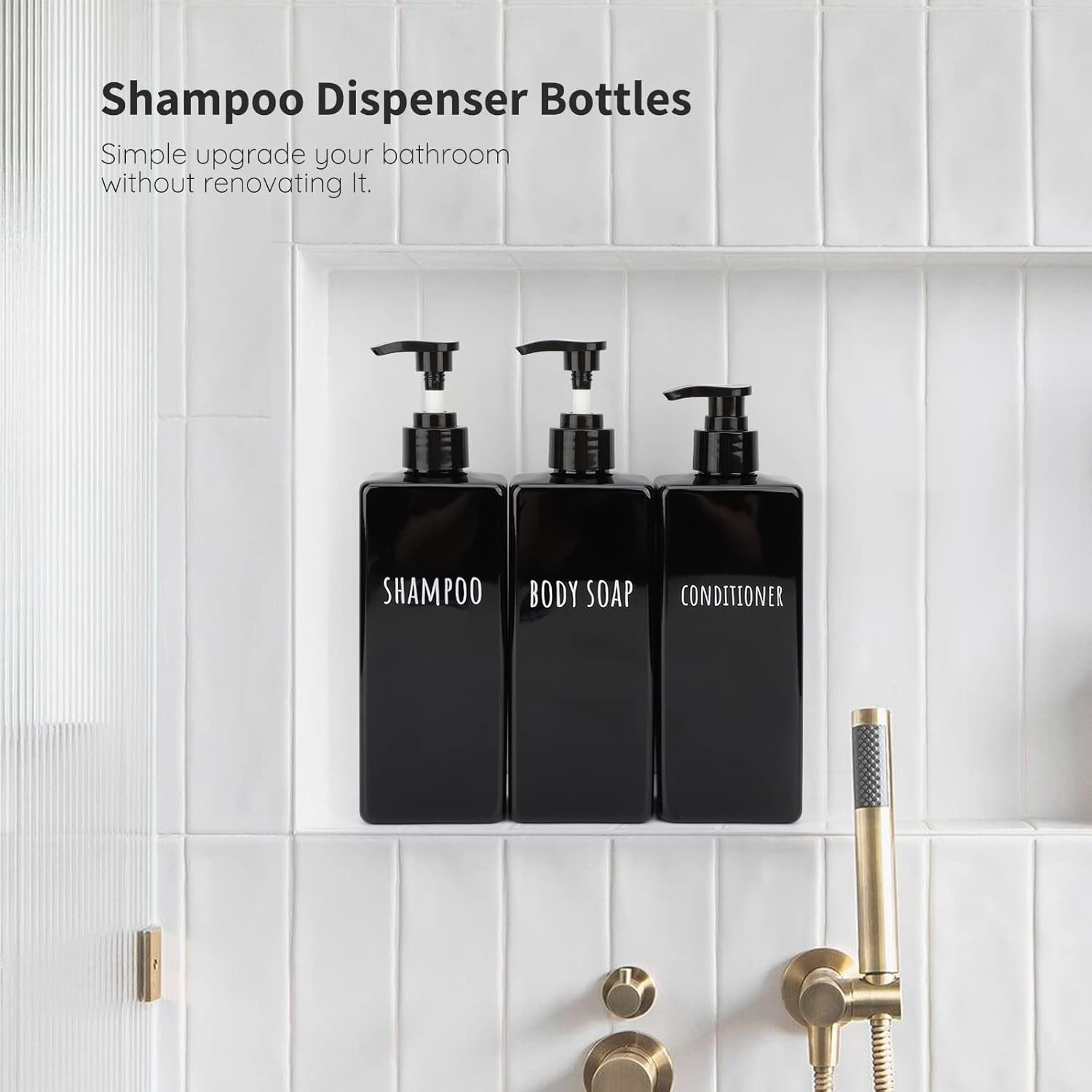 Segbeauty Plastic Square Soap Dispenser Black, 3pcs 16.9oz Refillable Shampoo and Conditioner