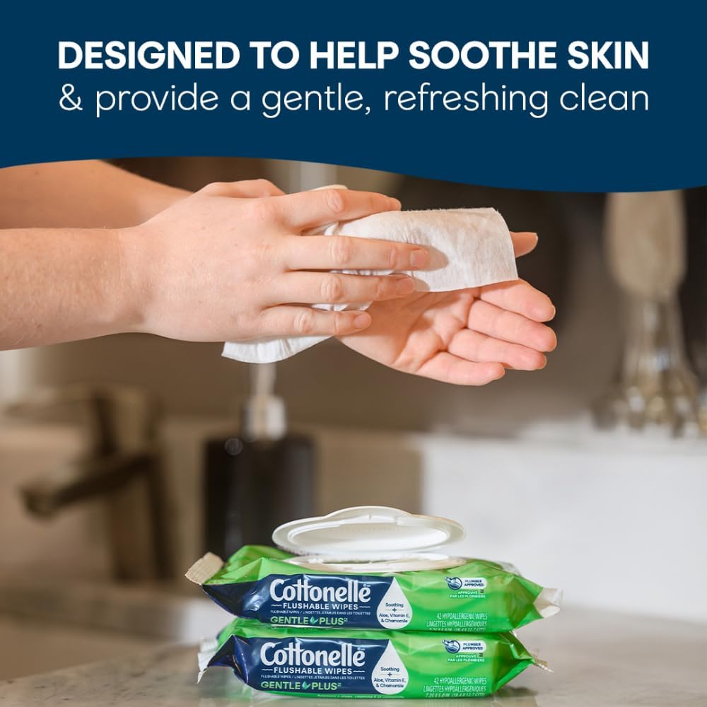 Cottonelle GentlePlus Flushable Wet Wipes with Aloe & Vitamin E, 4 Flip-Top Packs, 42 Wipes Per