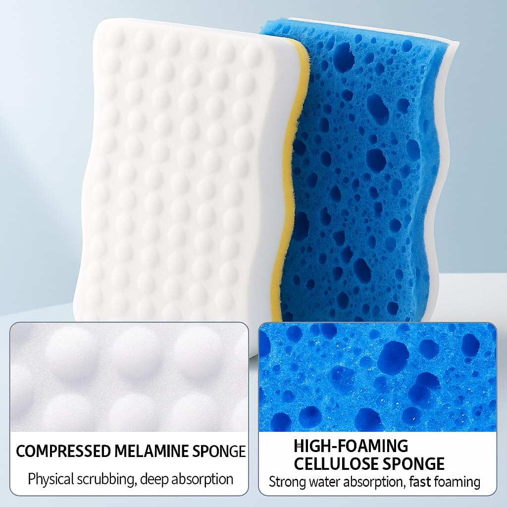 Ampang Wave-Shaped Scrub Sponges for Kitchen Cleaning - Nano Sponge & High-Foam Seaweed Cotton
