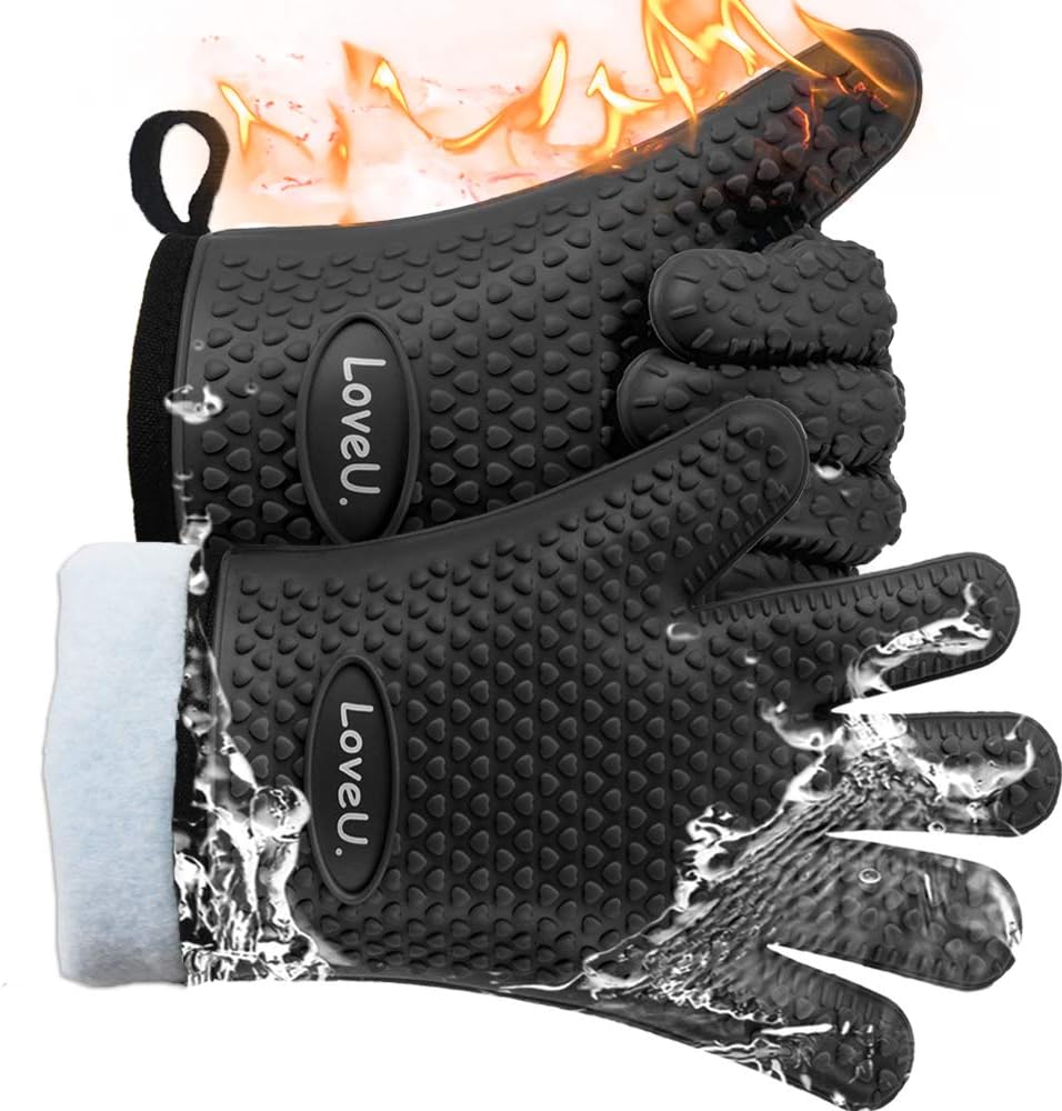 Kitchen Oven Gloves - Dual-Layer Heat Resistant Grilling Gloves, Silicone Oven Mitts with 5