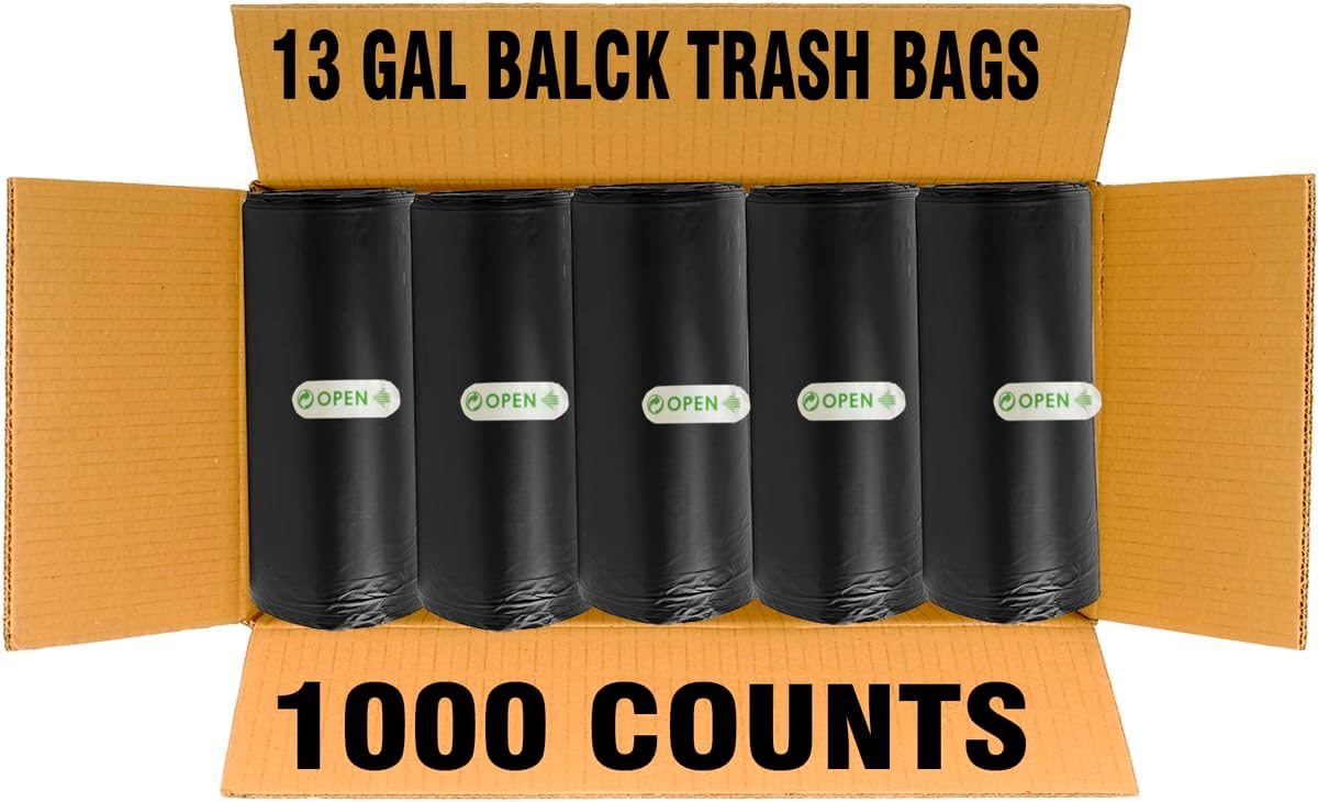 13 Gallon Trash Bags, 1000 Count Bulk Value Pack, Black Tall Kitchen Garbage bags, Multi-purpose