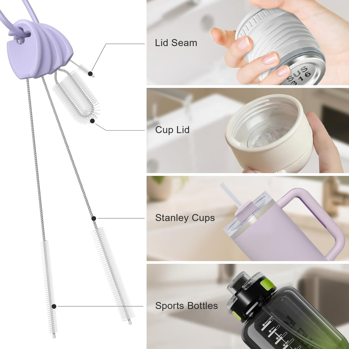 YOTIME Standing Straw Cleaner Brush Set, 4in1 Reusable Straw Brushes with Holder Ring, for Wide and