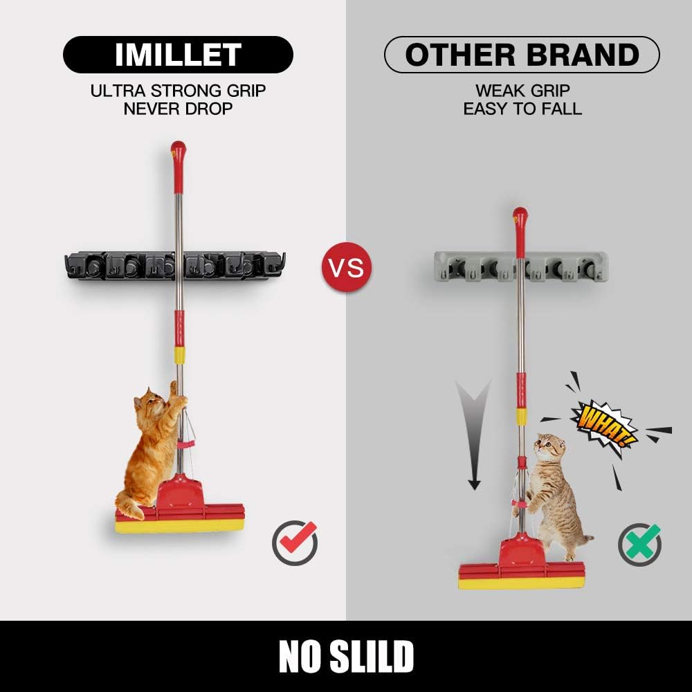 IMILLET 2 Pack Mop and Broom Holder, Wall Mounted Organizer Mop and Broom Storage Tool Rack with 5