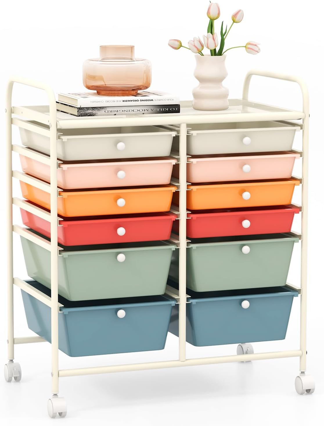 GOFLAME 12-Drawer Rolling Storage Cart, Multipurpose Organizer with 2 Sizes Plastic Drawers, Mobile