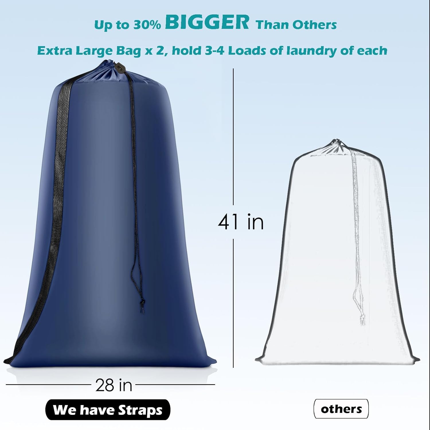 Heavy Duty Laundry Bag 2 Pack XL Nylon Laundry Bags with Straps, Washable Large Dirty Clothes