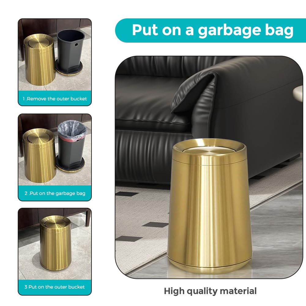 8L / 2.1Gal Gold Brushed Stainless Steel Trash Can with Swing Cover,Gold Bathroom Trash can