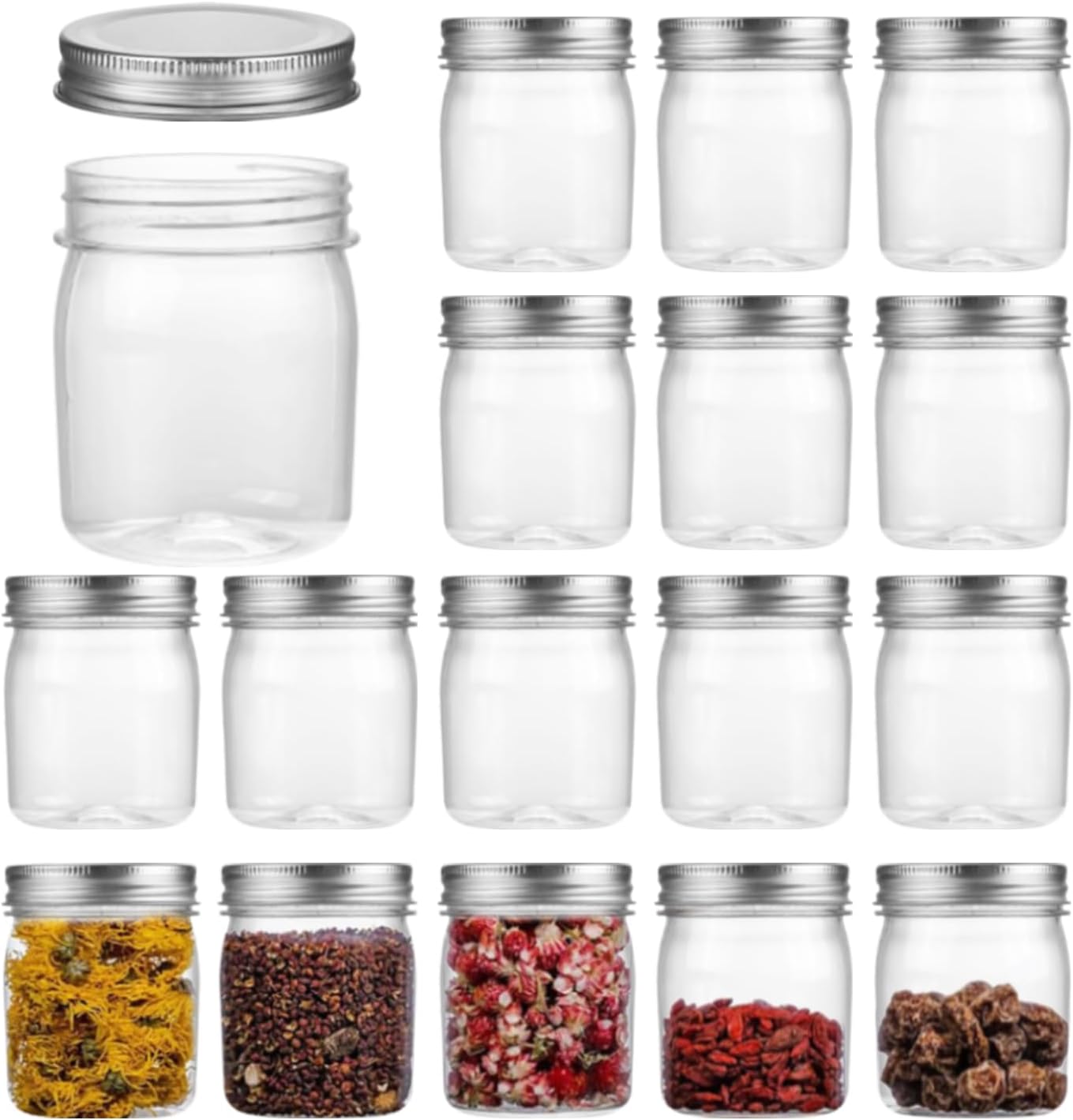 Plastic Mason Jars Reusable Storage Containers with Silver Airtight Lid 8 Ounce Clear Jars for Dry