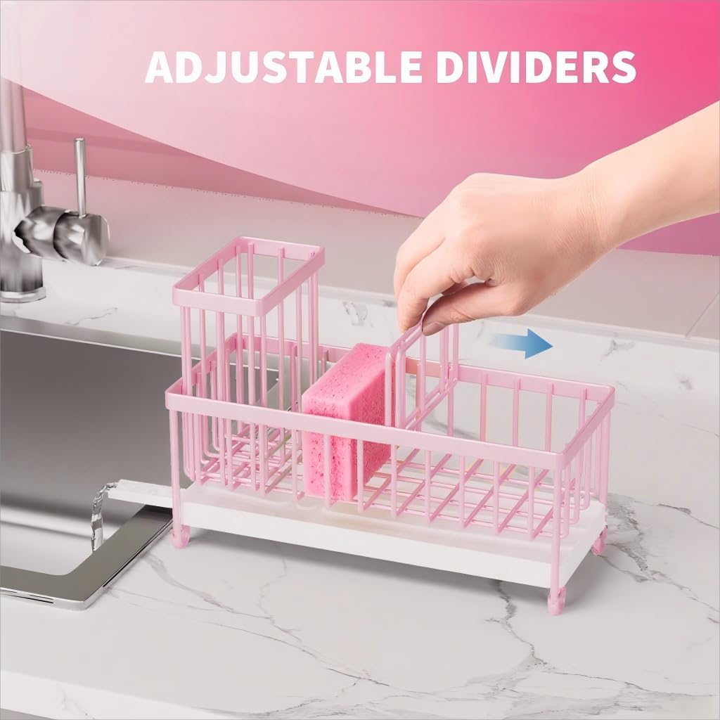 Cisily Pink Sponge Holder for Kitchen Sink, Sink Caddy Organizer with High Brush Holder, Countertop