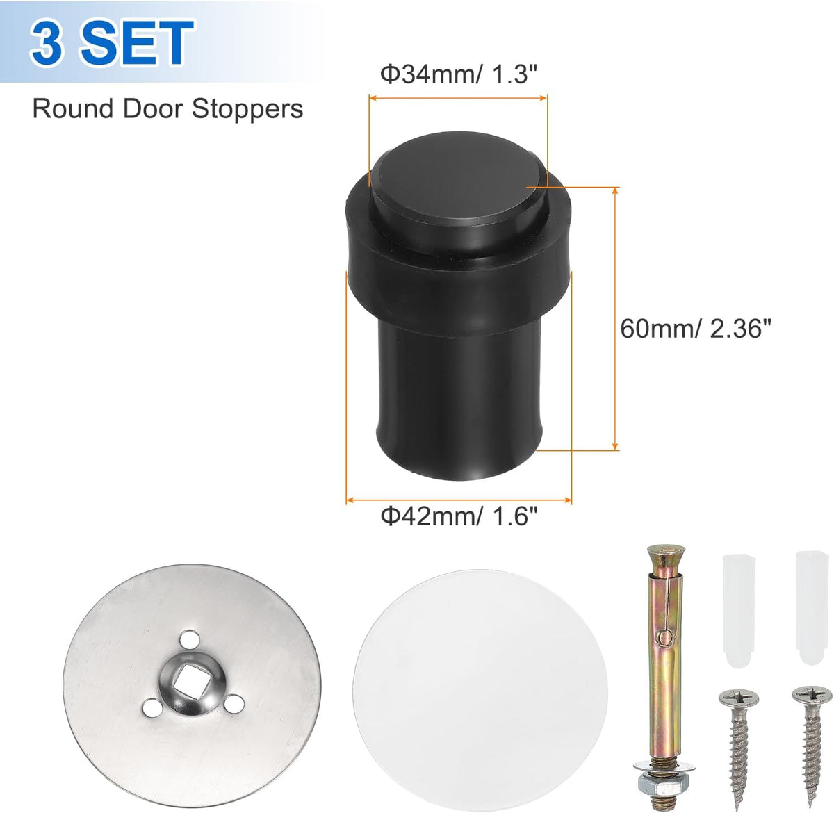 PATIKIL 3Set Round Door Stoppers, 60mm Stainless Steel Door Stop Doorstop Wedge Metal Cylinder Self