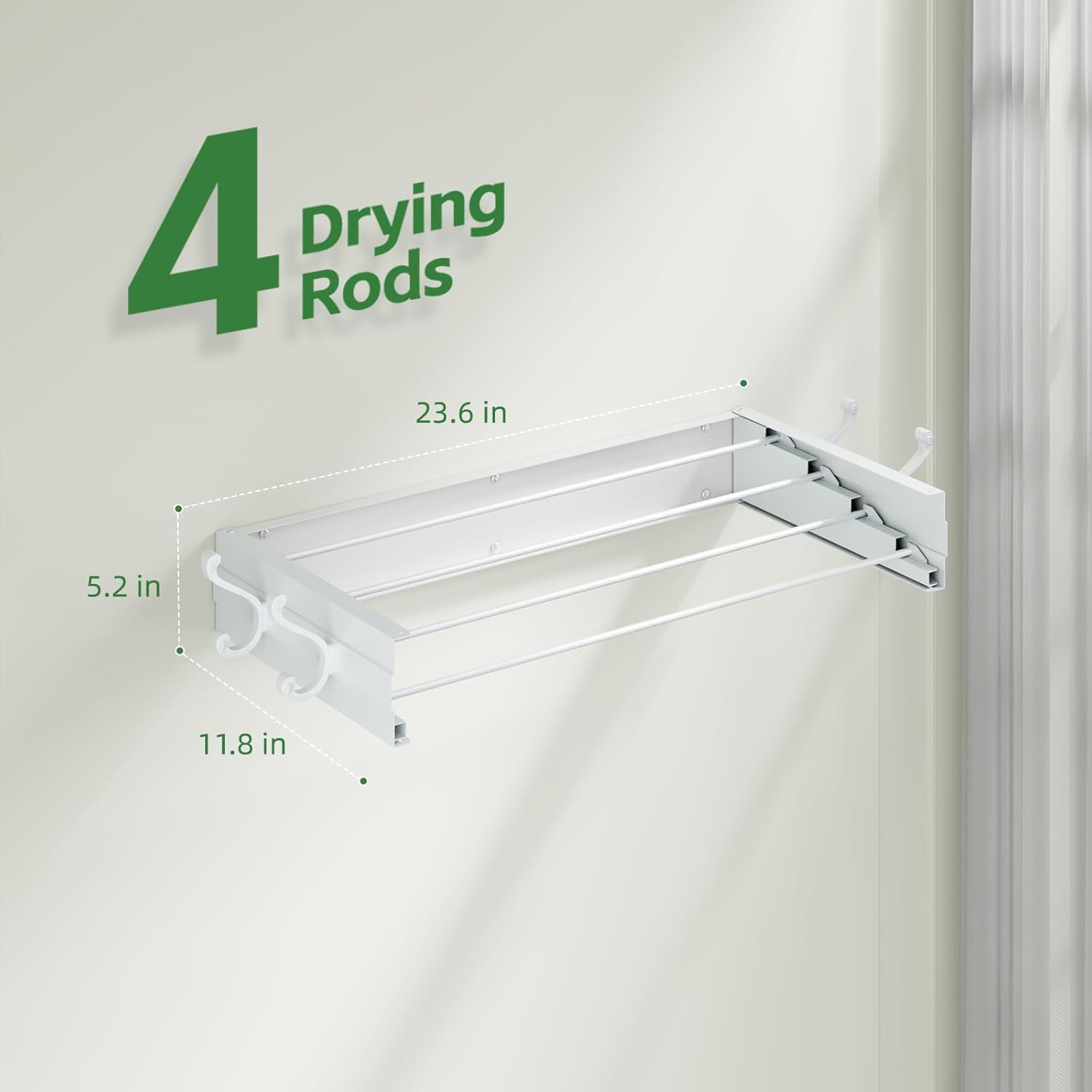Wall Mounted Clothes Drying Rack for Laundry 23.6", Folding Clothes Drying Rack with 4 Towel Hooks
