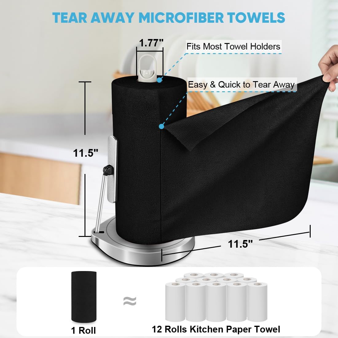 AIDEA Microfiber Cleaning Cloth Roll, 75PK, Black Microfiber Towels for Cars, Reusable Paper Towels