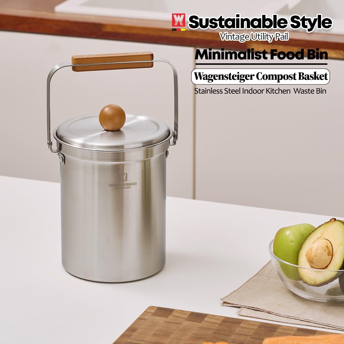 Kitchen Countertop Compost Bin 101ounces / 3Liters with Airtight Lid, SUS304 Stainless Steel