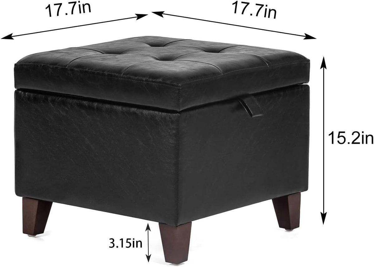 Adeco Storage Ottoman Foot Rest Stool, Leather Ottoman Footstool with Solid Wood Legs and Hinged