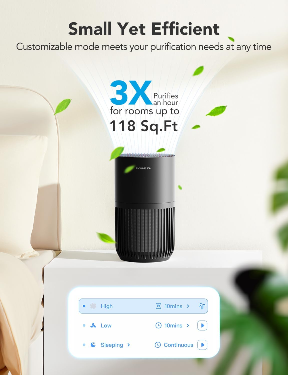 GoveeLife Mini Air Purifier for Bedroom, Smart Filter Air Purifier with App Alexa Control for Pet