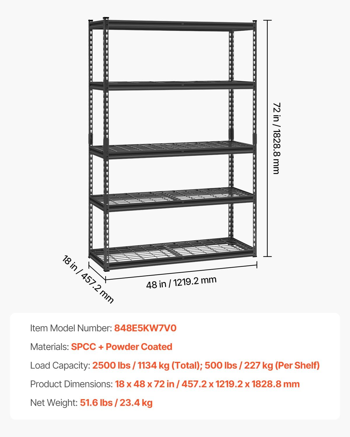 VEVOR Storage Shelves, 2500 lbs, 5 Tier Heavy Duty Garage Shelving, 18" D x 48" W x 72" H
