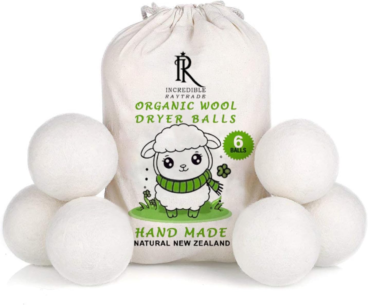 RAYTRADE Wool Dryer Balls 6-Pack 100% Made of Organic New Zealand Wool Reduces Clothing Wrinkles