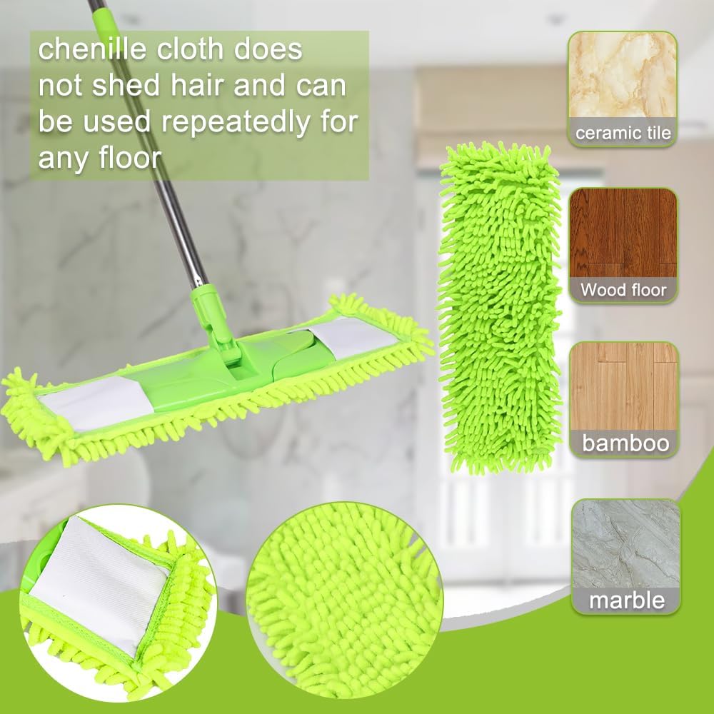 Dust Mop for Floor Cleaning with 2 Washable Chenille Pads and Extendable 58” Long Handle, Dry Wet