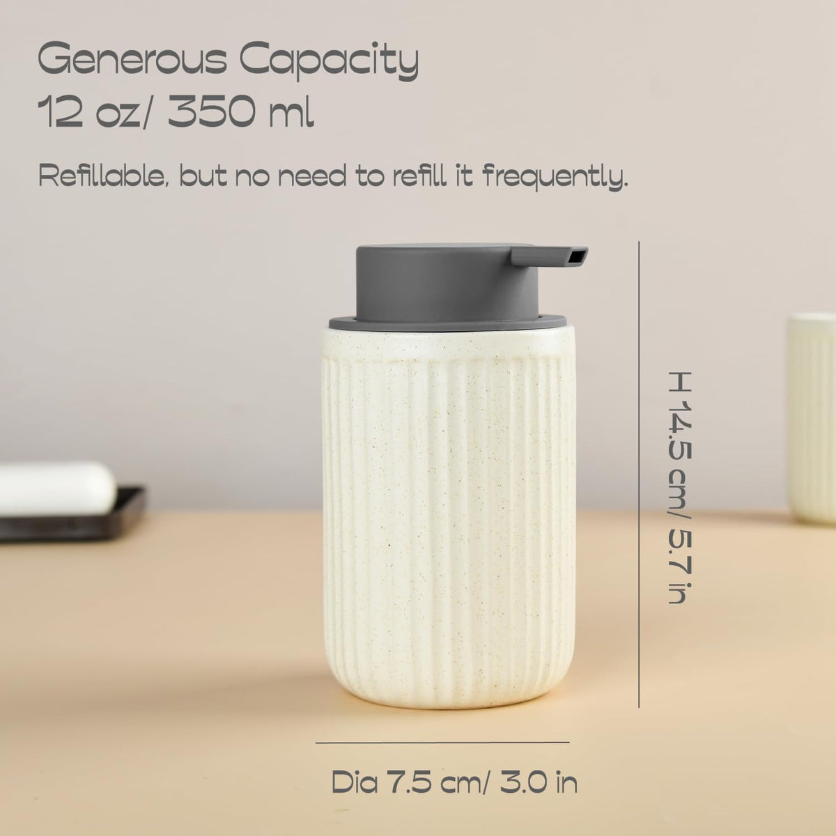 Beige Ceramic Foaming Soap Dispenser, Speckled Rippled 12 oz Bottle with Gray Silicone Pump, Foam