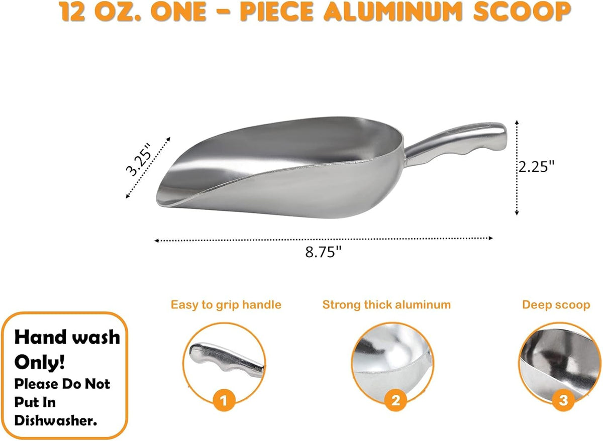 Cast Aluminum Utility Scoop - 12 oz. - Round Bottom, ice scoop For Multi-Purpose Use, With Finger
