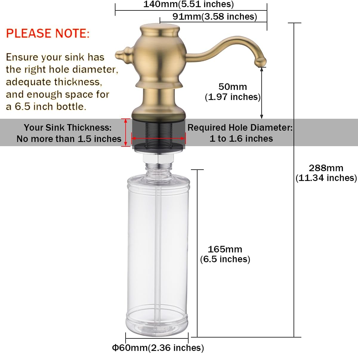 RANDOM Built in Sink Soap Dispenser for Kitchen Sink,Brushed Gold Solid Brass Pump Head with Soap