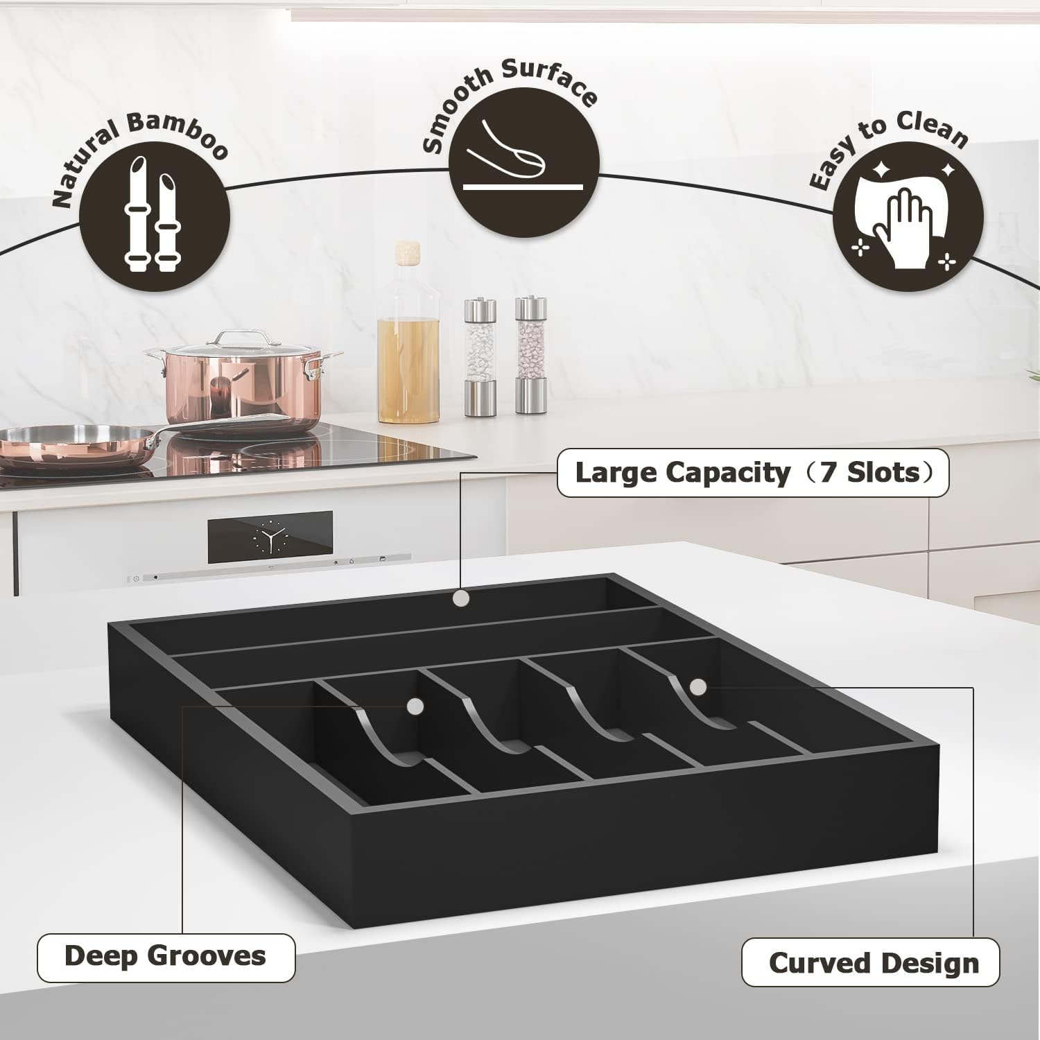Utensil Organizer Silverware Drawer Organizer - 7 Slots Bamboo Silverware Tray For Kitchen Cutlery