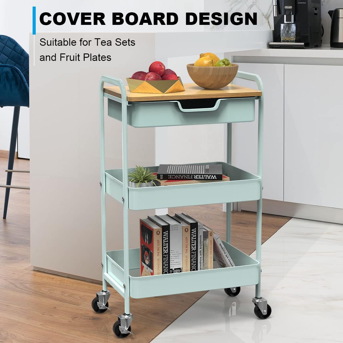 3 Tier Rolling Cart, Utility Cart with Drawer and Table Top, Metal Rolling Kitchen Storage