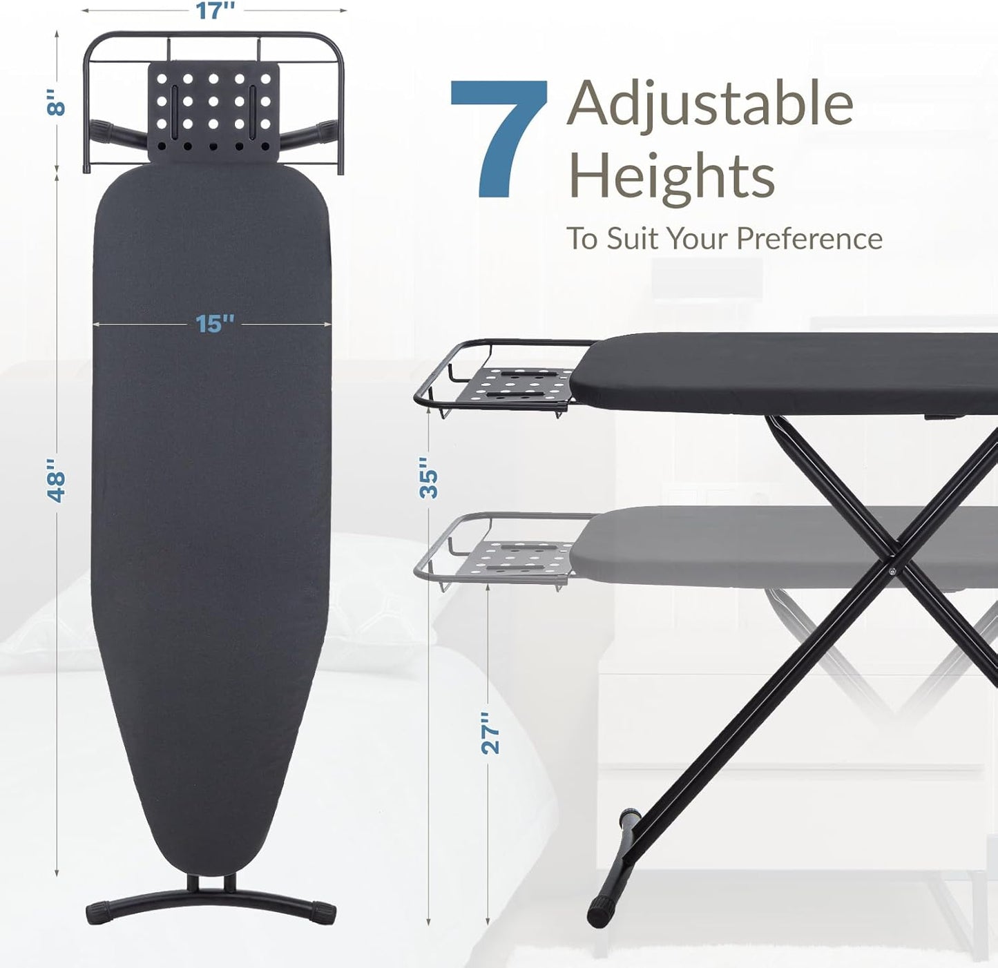 Ironing Board 48" x 15" with Retractable Iron Rest, RAINHOL Heavy Duty Full Size Iron Board, Sturdy