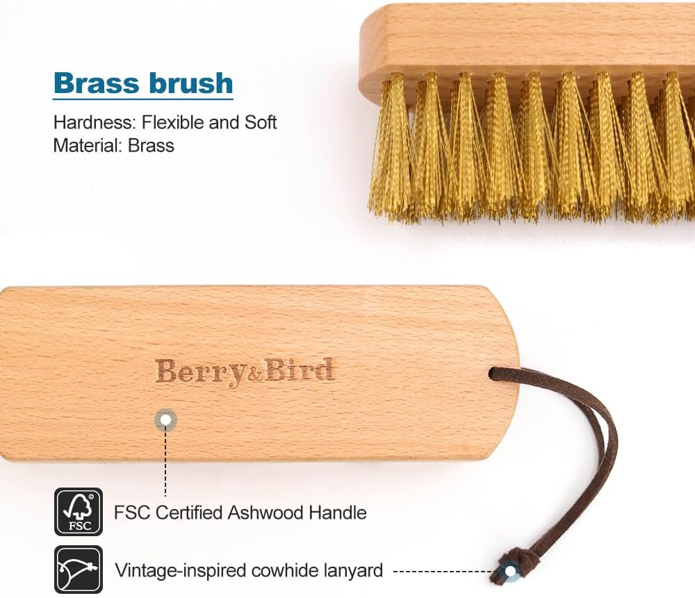 Berry&Bird Brass Brush, Ashwood Premium Brass Wire Brush with Cowhide Lanyard, Heavy Duty Wire