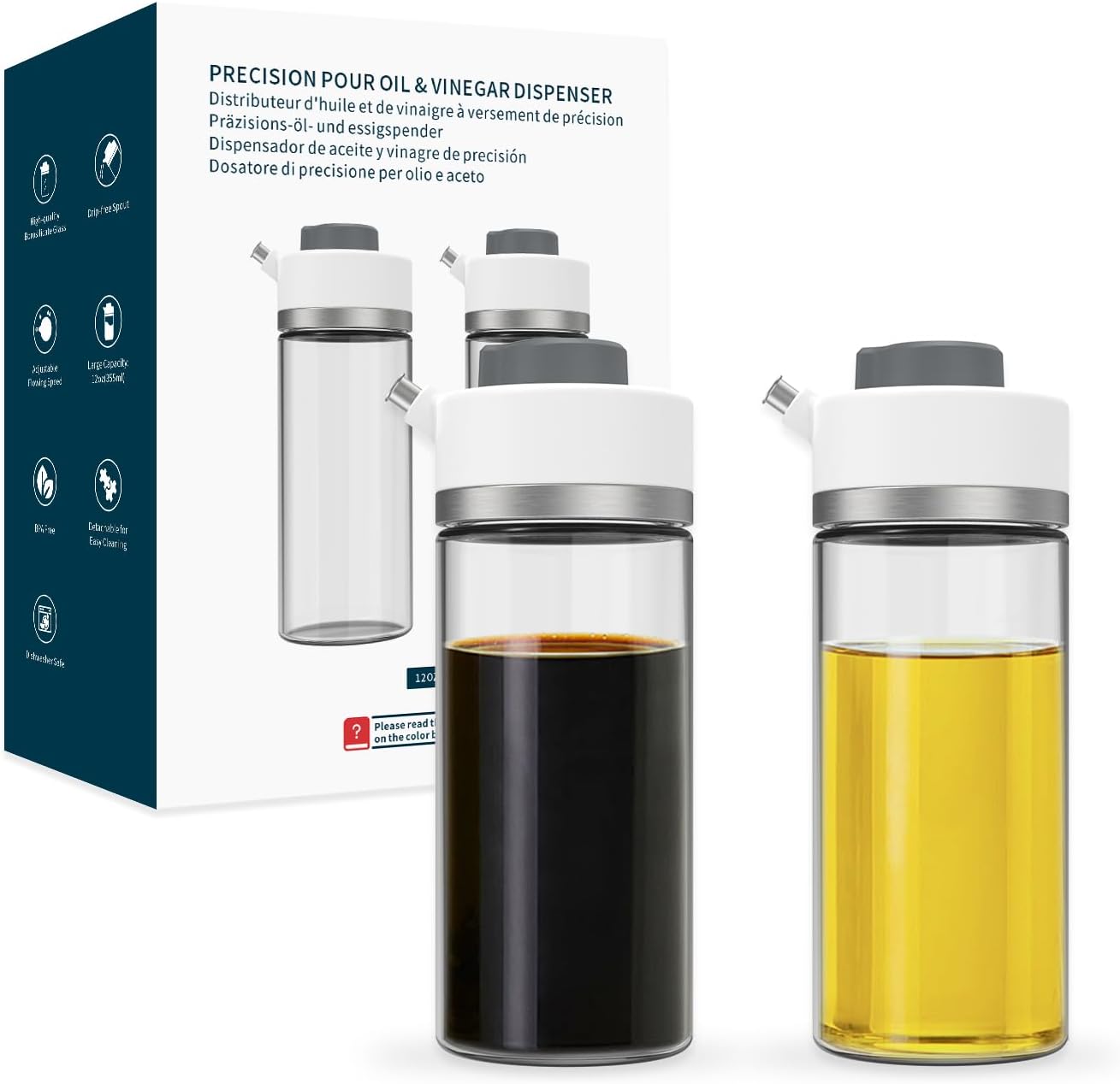 KITCHENDAO Precision Pour Glass Oil Dispenser 2-Piece Set with 3 Modes, Drip-Free Spout, Two