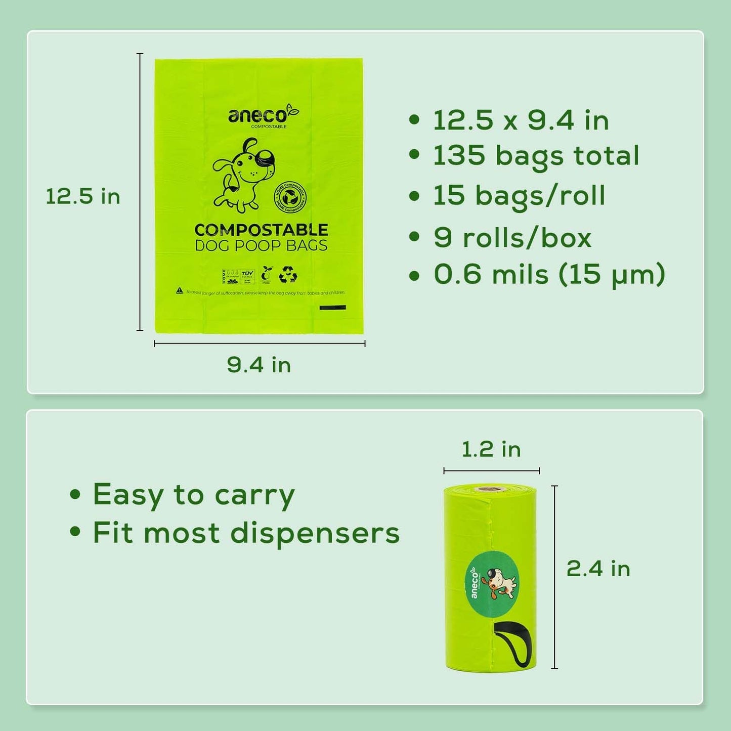ANECO 100% Certified Home Compostable Dog Poop Bags (135 Count/9 Rolls), Large Poop Bags for Dogs &