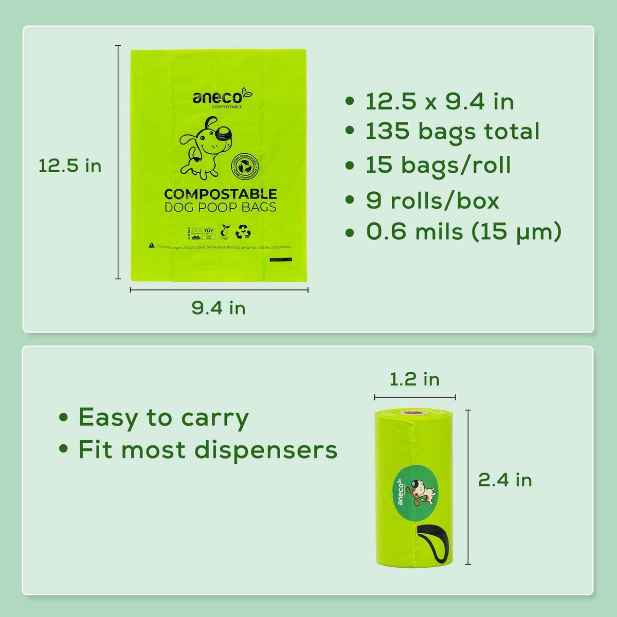 ANECO 100% Certified Home Compostable Dog Poop Bags (135 Count/9 Rolls), Large Poop Bags for Dogs &