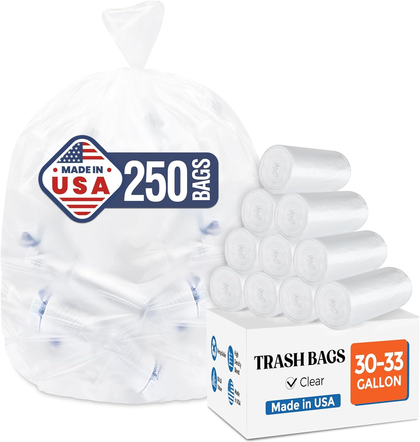 DELXO 30-33 Gallon Trash Bags, 250 Count Heavy Duty Large Clear Garbage Bags, Thick Durable and