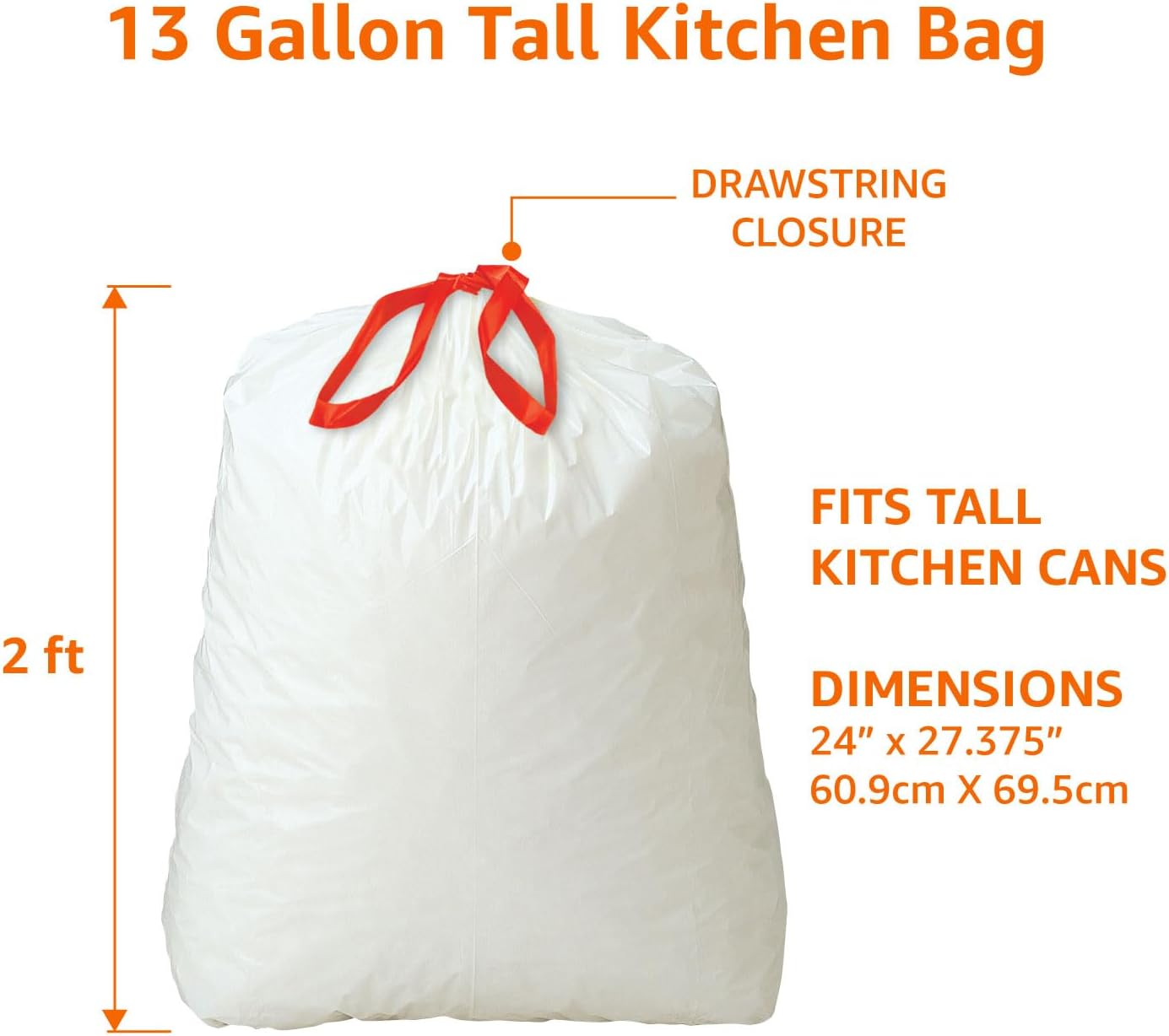 Amazon Basics 13 Gallon Tall Kitchen Drawstring Trash Bags, Unscented, 10% Post Consumer Recycled