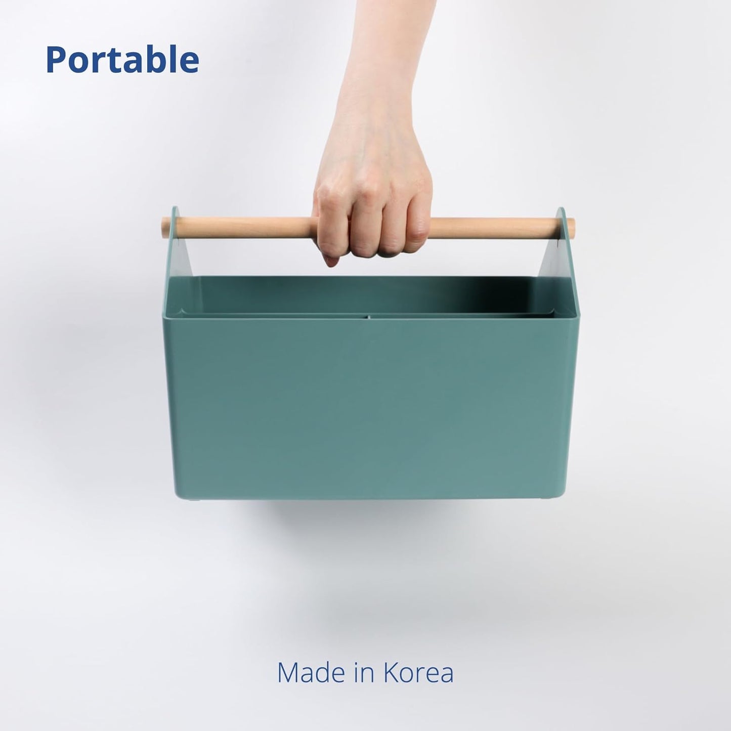 BLUE GINKGO Medium Storage Basket – Plastic Caddy with Wooden Handle for Office, Arts & Crafts, or